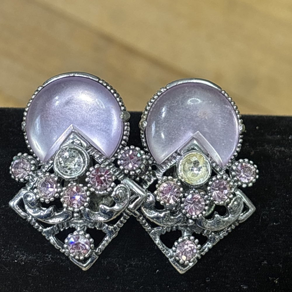 Vintage Selro Lavender Moonglow Lucite Rhinestone Earrings Repair 1950s